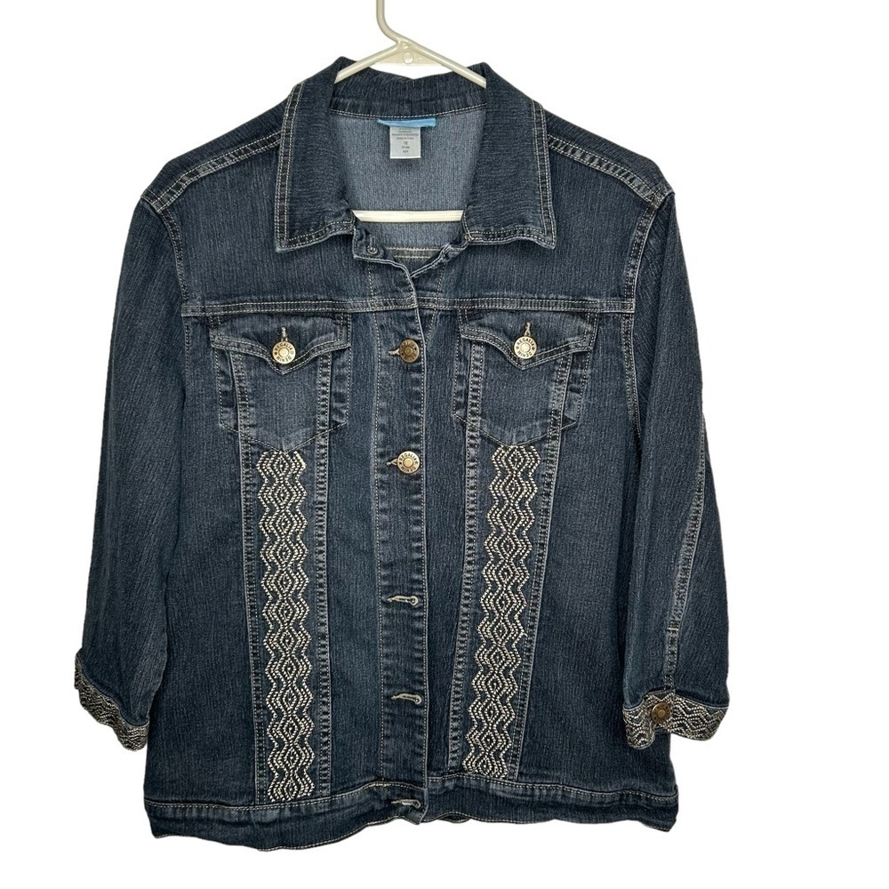 Koret Black Stretch Denim Jacket Size 16 Embroidered 3/4 Sleeve Runs Smaller